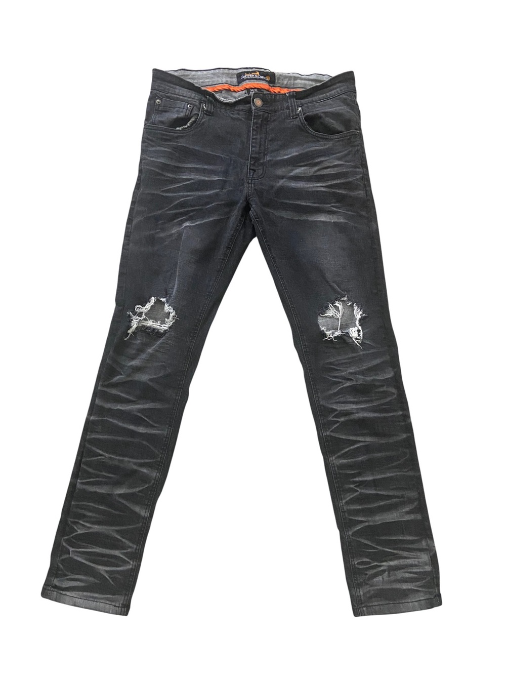 Copper Rivet Distressed Moto Skinny Black Gray Ripped Knee Jeans 34/32